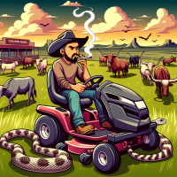 Mexican man smoking a cigarette on a zero turn mower cutting a field with long horns, horses, king ranch, sunset, rattlesnake