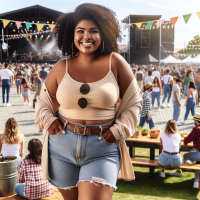 A picture of plus size african american woman in casual wear on a Saturday at a music festival event 