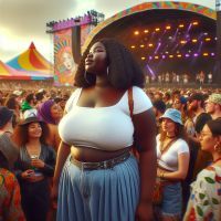 A picture of plus size african american woman in casual attire on a Saturday at a music festival event 