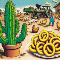 A cactus sitting next to onion rings in a farm, 1960s Cartoon