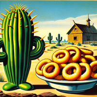 A cactus sitting next to onion rings in a farm, 1960s Cartoon