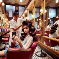 girl sitting in a salon getting her hair done in a retro 50's fashion