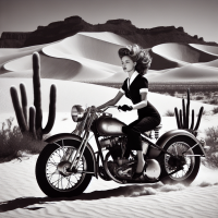 Mexican girl riding motorcycle bike, pinup style look and in a dessert. 