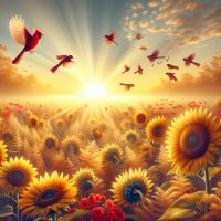 beautiful sunflowers with red cardinals flying around in a nice scenery showing the start to new beginnings.