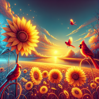 beautiful sunflowers with red cardinals flying around in a nice scenery showing the start to new beginnings.