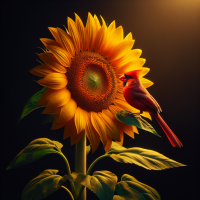 beautiful sunflower with one red cardinal