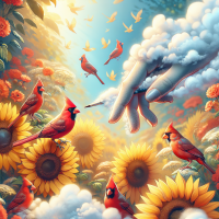 beautiful sunflower cardinals flying around and a hand coming out of the clouds to show reaching out