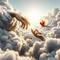 beautiful sunflower cardinals flying around and a hand coming out of the clouds to show reaching out to a person that is sad