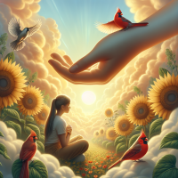 beautiful sunflower cardinals flying around and a hand coming out of the clouds to touch a girl crunched in a balls shoulder to show support