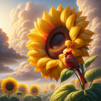 beautiful sunflower with one red cardinal together in the clouds showing hope