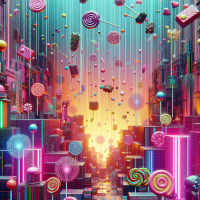 Raining candy, lollipops and Willy wonka vibe background very colorful with neon