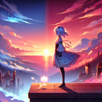Anime-style cinematic illustration, 16:9 YouTube cover, calm emotional vibe, a lone fantasy character standing on a rooftop at sunset, soft warm and cool colors blending, peaceful expression, looking toward the horizon, glowing light or flower symbolizing inner voice, no text, clean composition, high detail, atmospheric lighting