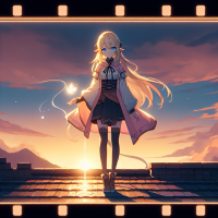 Anime-style girl cinematic illustration, 16:9 YouTube cover, calm emotional vibe, a lone fantasy character standing on a rooftop at sunset, soft warm and cool colors blending, peaceful expression, looking toward the horizon, glowing light or flower symbolizing inner voice, no text, clean composition, high detail, atmospheric lighting draw with a pencil 